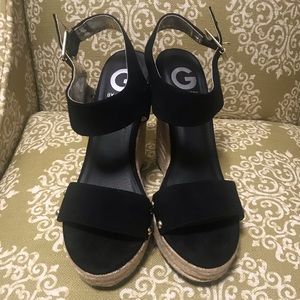 GUESS black strap rope jute wedge sandals